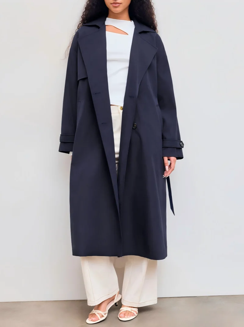 Damen Modischer Trenchcoat mit breitem Kragen Drune