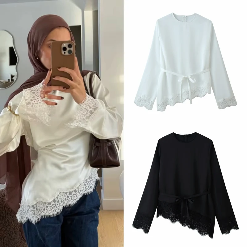 Damen 50+ elegante Chiffonbluse mit Spitzenbesatz und Taillenband Drune