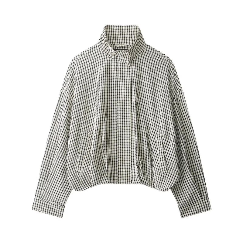 Damen 50+ Cropped Blousonjacke im Boxy Cut mit Stehkragen und feinem Karomuster Drune