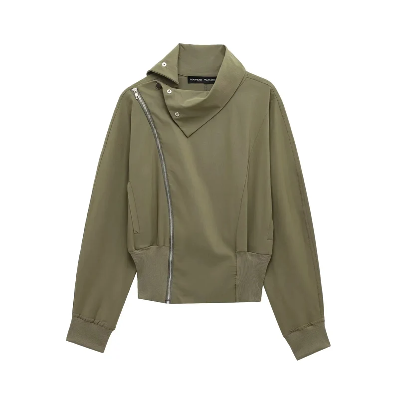 Damen 50+ asymmetrische Utility‑Bomberjacke mit Funnelkragen und breitem Rippenbund Drune