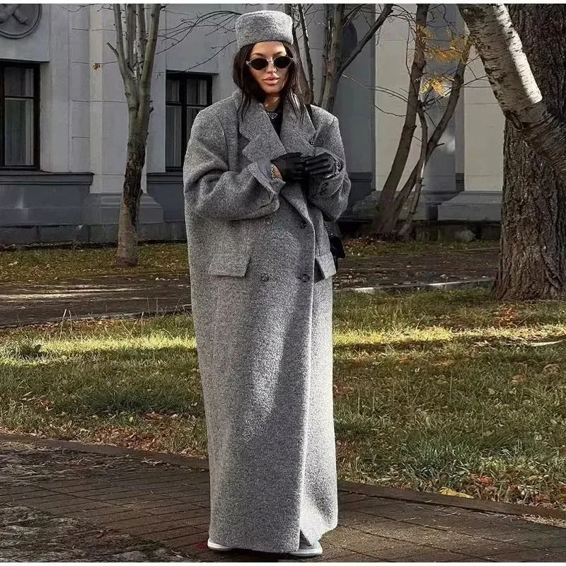 Damen 400+ langer Oversize Wollmix‑Maxi‑Mantel mit doppelreihiger Knopfleiste und Pattentaschen Drune