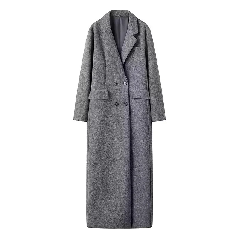 Damen 400+ langer Oversize Wollmix‑Maxi‑Mantel mit doppelreihiger Knopfleiste und Pattentaschen Drune