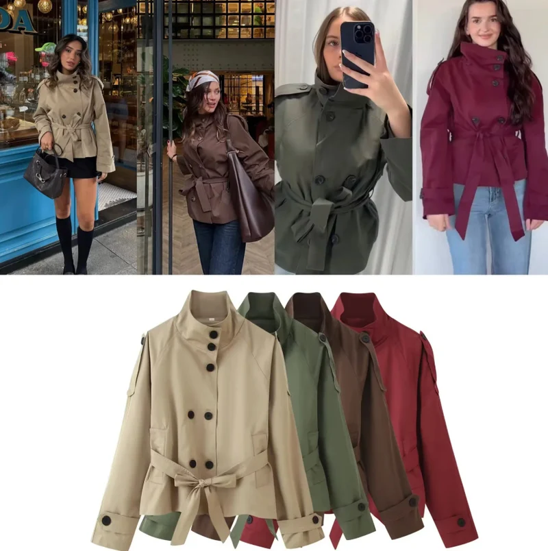 Damen 400+ kurzer taillierter Trenchblouson mit Stehkragen, doppelreihiger Knopfleiste und Bindegürtel Drune
