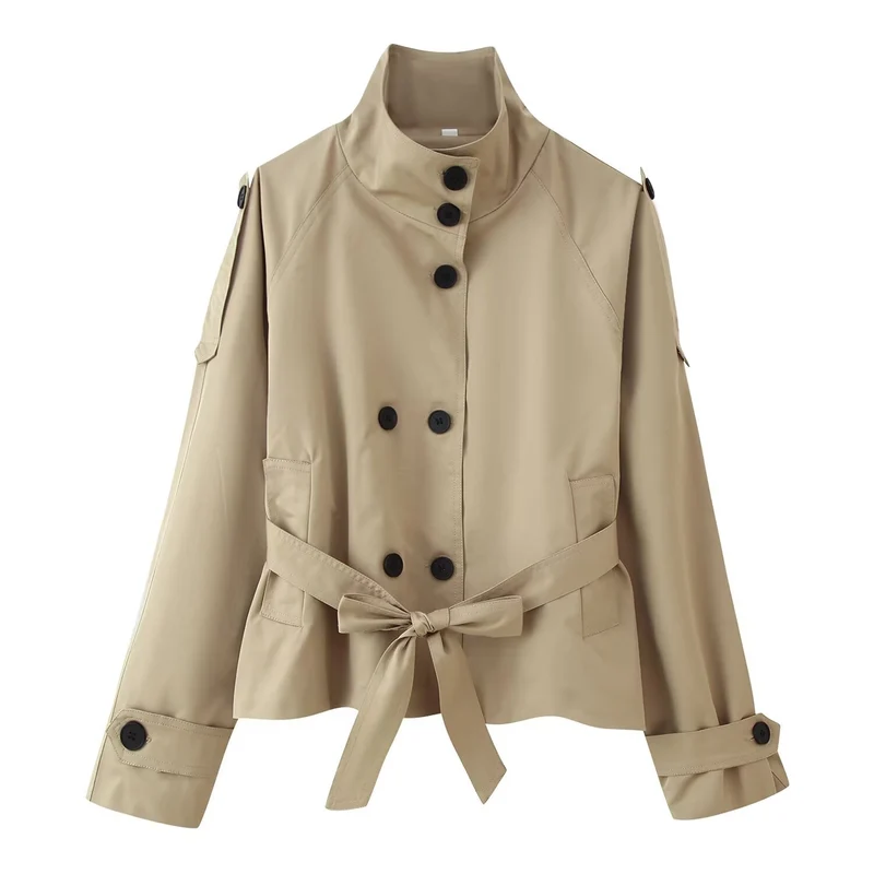 Damen 400+ kurzer taillierter Trenchblouson mit Stehkragen, doppelreihiger Knopfleiste und Bindegürtel Drune