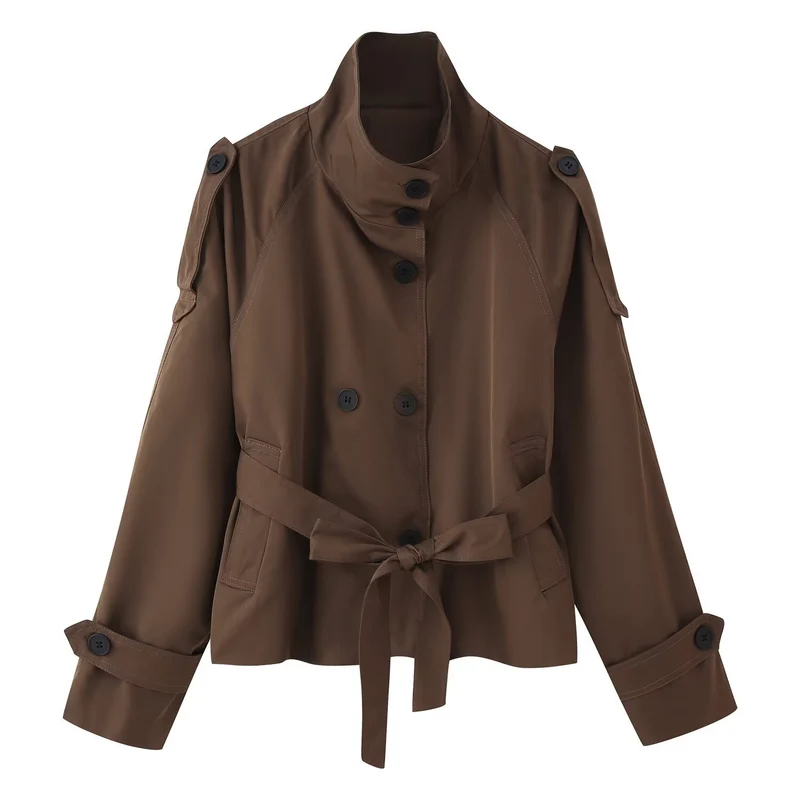 Damen 400+ kurzer taillierter Trenchblouson mit Stehkragen, doppelreihiger Knopfleiste und Bindegürtel Drune