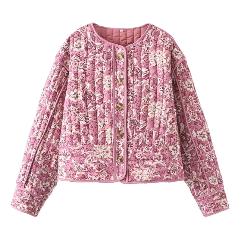Damen 400+ gesteppte Blousonjacke mit floralem Allovermuster und Zierpaspeln Drune