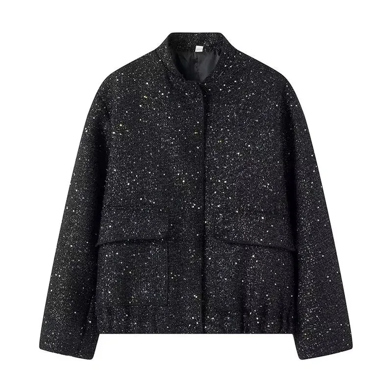 Damen 400+ Bouclé Kurzjacke mit Stehkragen, Pattentaschen und taillierendem Saum Drune