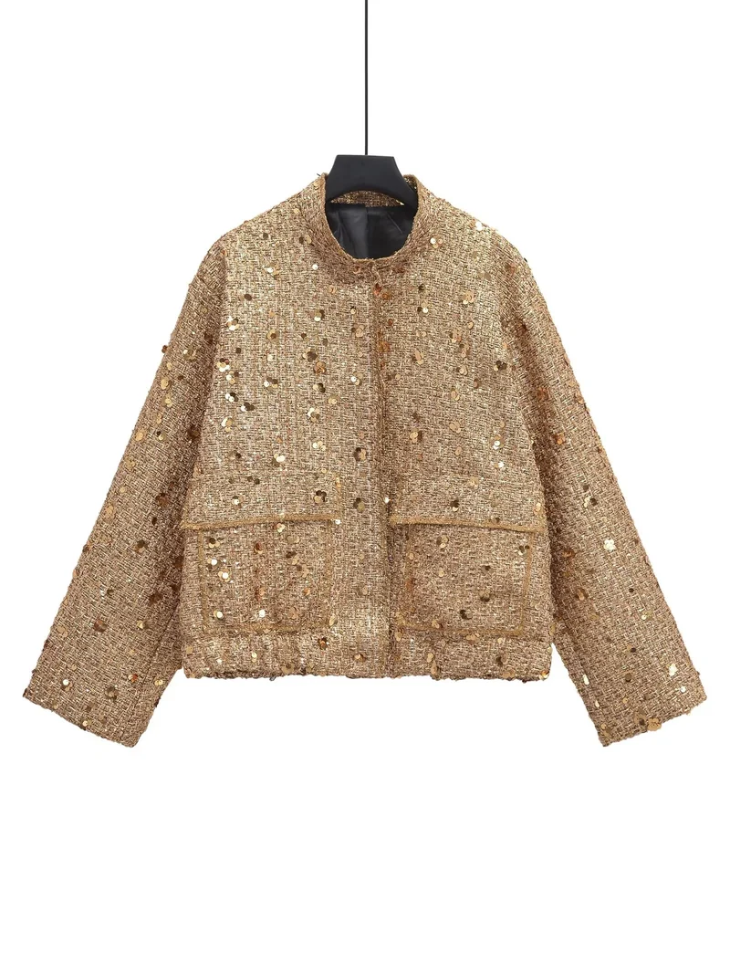 Damen 400+ Bouclé Kurzjacke mit Stehkragen, Pattentaschen und taillierendem Saum Drune