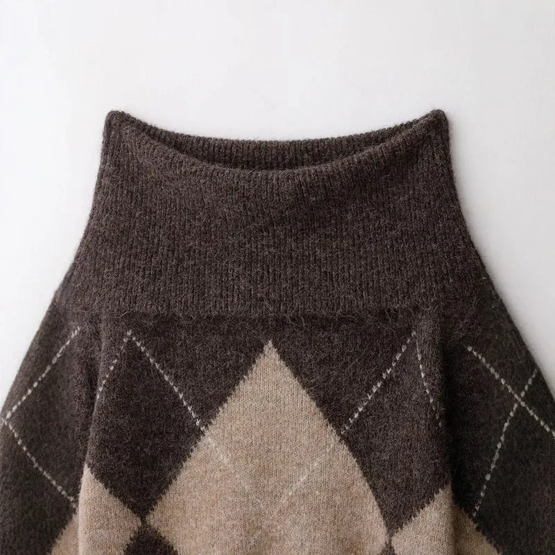 Damen 40+ weicher Mohair‑Mix Pullover mit weitem Rollkragen und Argyle‑Muster Drune