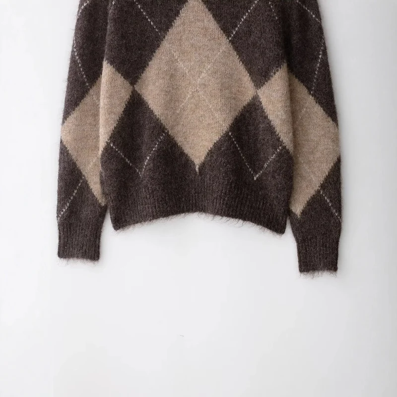 Damen 40+ weicher Mohair‑Mix Pullover mit weitem Rollkragen und Argyle‑Muster Drune