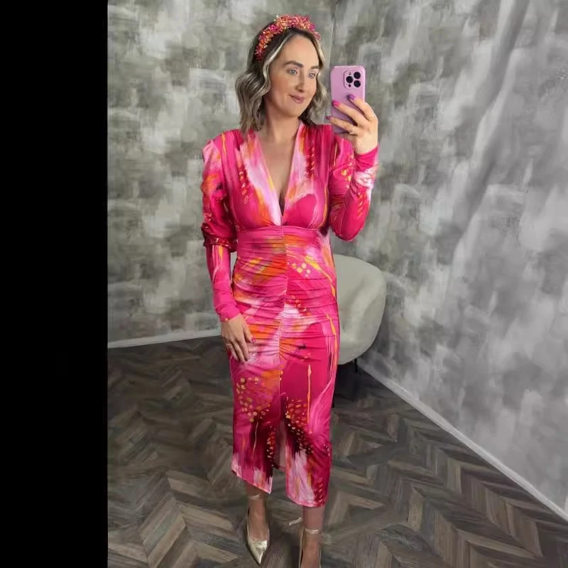 Damen 40+ Maxikleid mit tiefem V‑Ausschnitt, geraffter Taillenpartie und dezenten Puffärmeln Drune