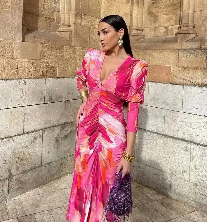 Damen 40+ Maxikleid mit tiefem V‑Ausschnitt, geraffter Taillenpartie und dezenten Puffärmeln Drune