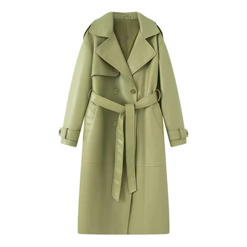 Damen 40+ langer Trenchcoat aus Kunstleder mit Taillengürtel und doppelreihiger Knopfleiste Drune