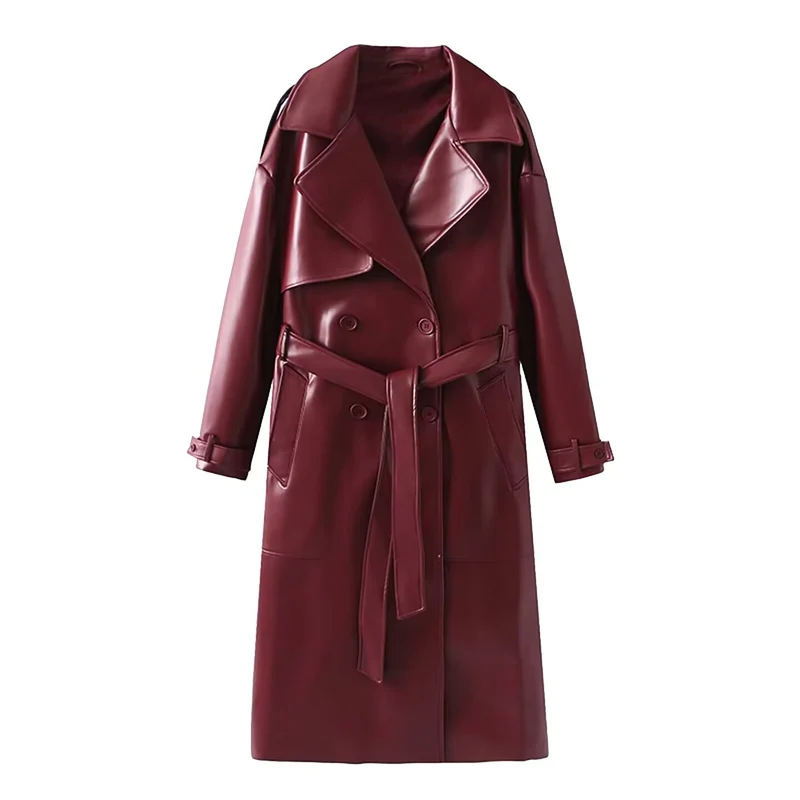 Damen 40+ langer Trenchcoat aus Kunstleder mit Taillengürtel und doppelreihiger Knopfleiste Drune