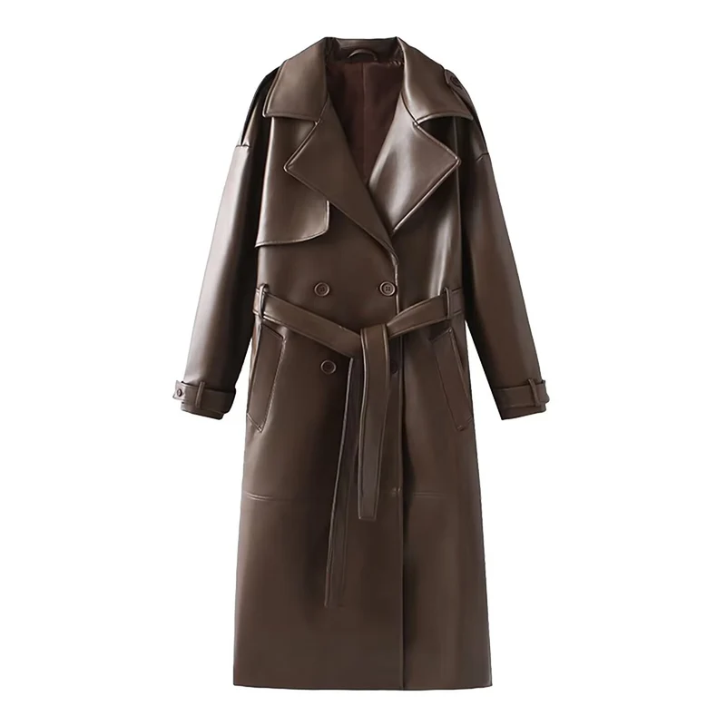 Damen 40+ langer Trenchcoat aus Kunstleder mit Taillengürtel und doppelreihiger Knopfleiste Drune