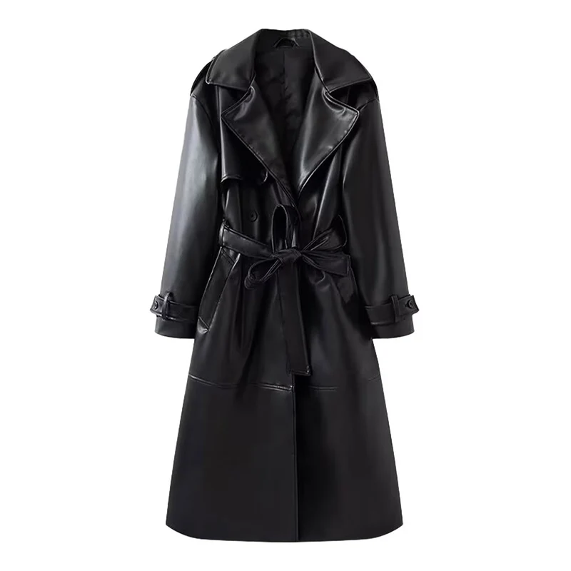 Damen 40+ langer Trenchcoat aus Kunstleder mit Taillengürtel und doppelreihiger Knopfleiste Drune