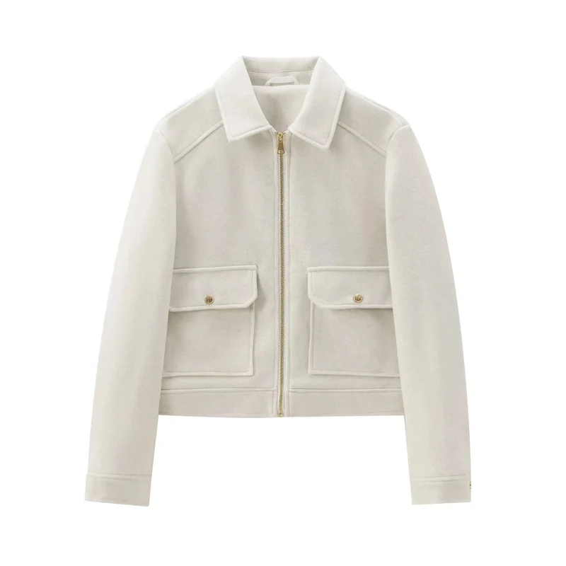 Damen 40+ kurze Woll‑Blousonjacke mit goldfarbenem Reißverschluss und aufgesetzten Pattentaschen Drune