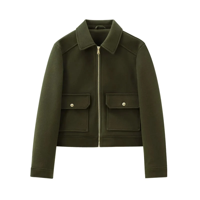 Damen 40+ kurze Woll‑Blousonjacke mit goldfarbenem Reißverschluss und aufgesetzten Pattentaschen Drune
