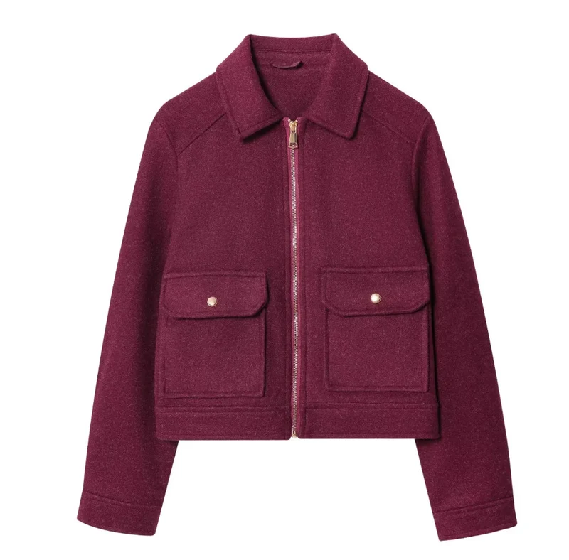 Damen 40+ kurze Woll‑Blousonjacke mit goldfarbenem Reißverschluss und aufgesetzten Pattentaschen Drune