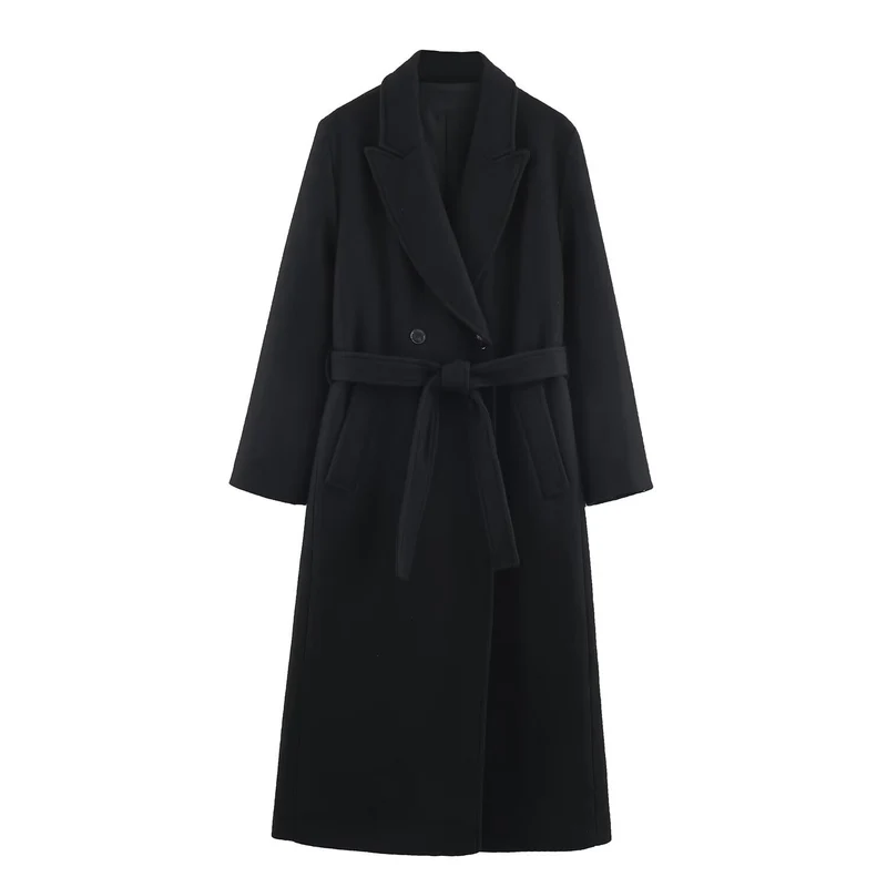 Damen 40+ eleganter knielanger Mantel mit Bindegürtel und doppelreihiger Knopfleiste Drune