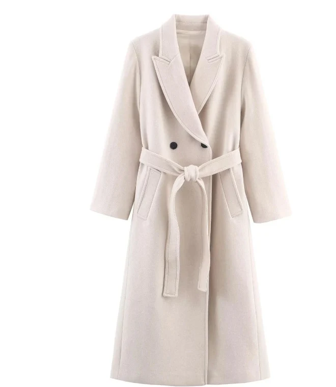 Damen 40+ eleganter knielanger Mantel mit Bindegürtel und doppelreihiger Knopfleiste Drune