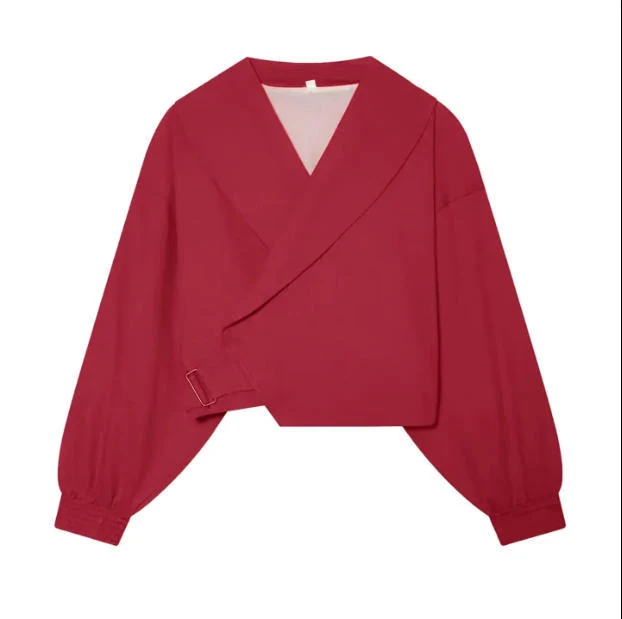 Damen 40+ Cropped Wickelblouson mit übergroßen Ballonärmeln und asymmetrischem Schnallenverschluss Drune