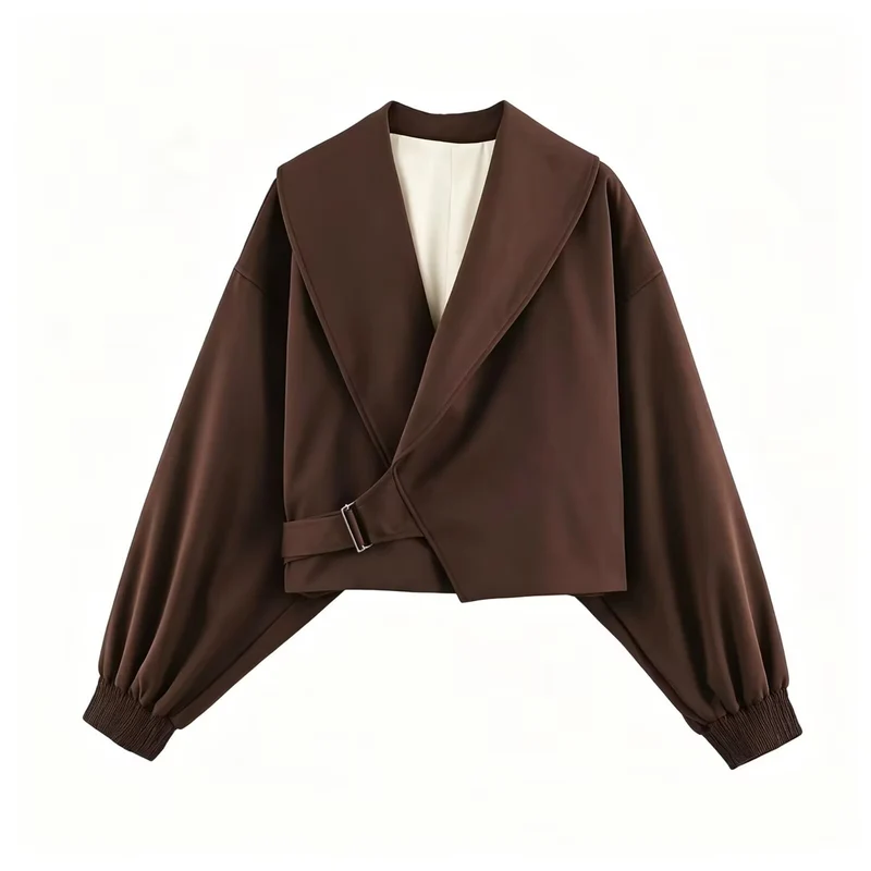 Damen 40+ Cropped Wickelblouson mit übergroßen Ballonärmeln und asymmetrischem Schnallenverschluss Drune