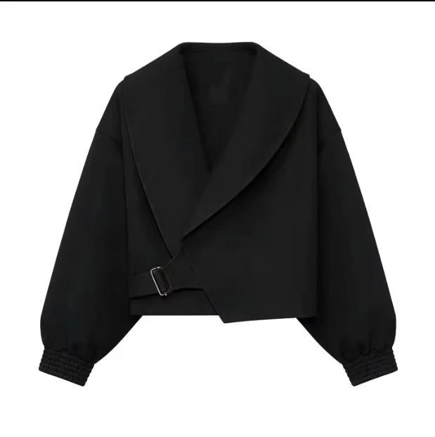 Damen 40+ Cropped Wickelblouson mit übergroßen Ballonärmeln und asymmetrischem Schnallenverschluss Drune