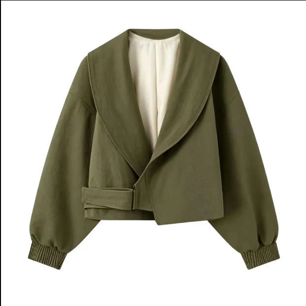 Damen 40+ Cropped Wickelblouson mit übergroßen Ballonärmeln und asymmetrischem Schnallenverschluss Drune