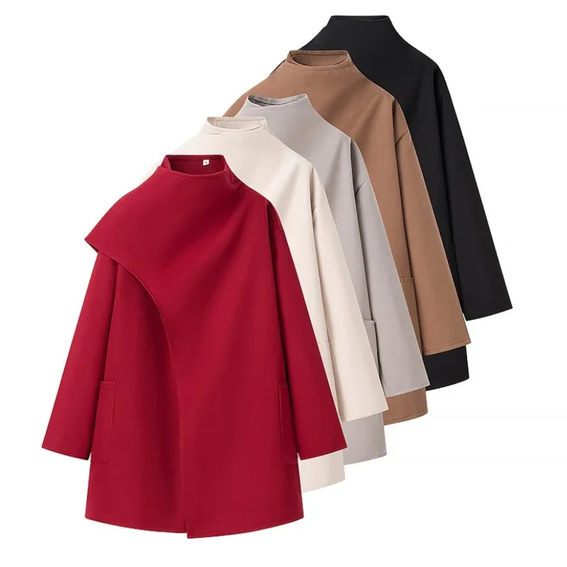 Damen 40+ asymmetrischer Wollmix Cape‑Mantel mit Stehkragen Drune