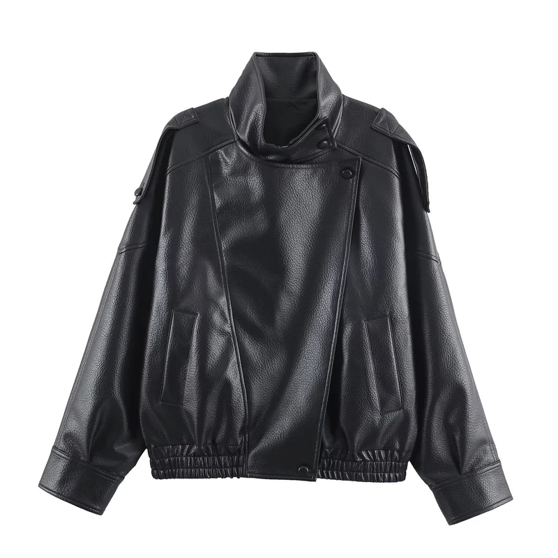 Damen 3400+ Cropped Kunstleder‑Blouson mit asymmetrischer Druckknopfleiste, hohem Stehkragen und elastischem Saum Drune