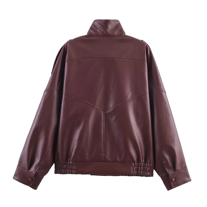 Damen 3400+ Cropped Kunstleder‑Blouson mit asymmetrischer Druckknopfleiste, hohem Stehkragen und elastischem Saum Drune