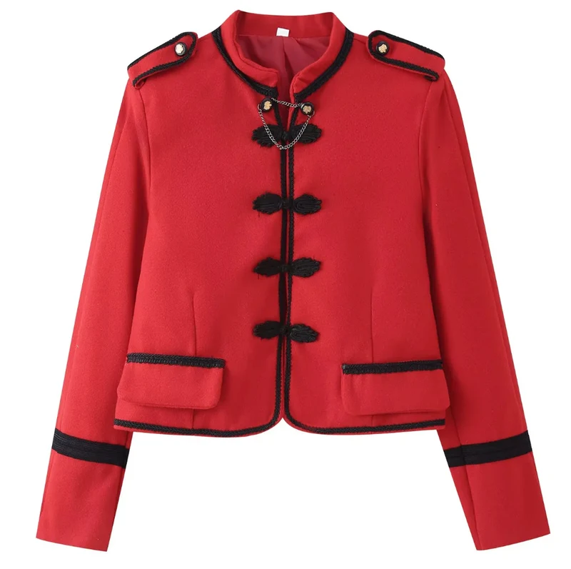 Damen 300+ taillierte Cropped‑Militärblazerjacke mit Stehkragen, Schulterpatten und dekorativen Froschverschlüssen Drune