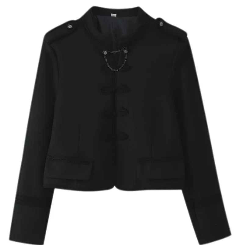 Damen 300+ taillierte Cropped‑Militärblazerjacke mit Stehkragen, Schulterpatten und dekorativen Froschverschlüssen Drune