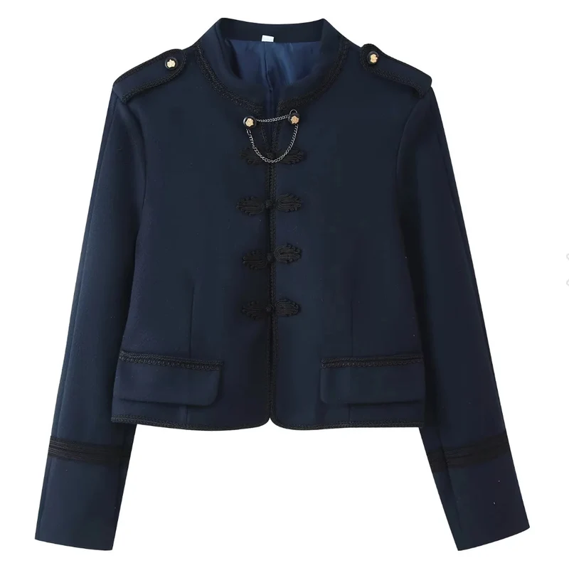 Damen 300+ taillierte Cropped‑Militärblazerjacke mit Stehkragen, Schulterpatten und dekorativen Froschverschlüssen Drune