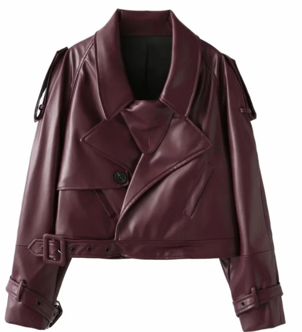 Damen 300+ taillierte Cropped-Bikerjacke aus Kunstleder mit großem Revers, Schulterklappen und Taillengürtel Drune