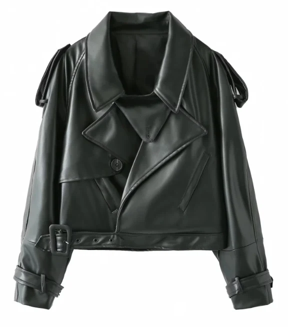 Damen 300+ taillierte Cropped-Bikerjacke aus Kunstleder mit großem Revers, Schulterklappen und Taillengürtel Drune