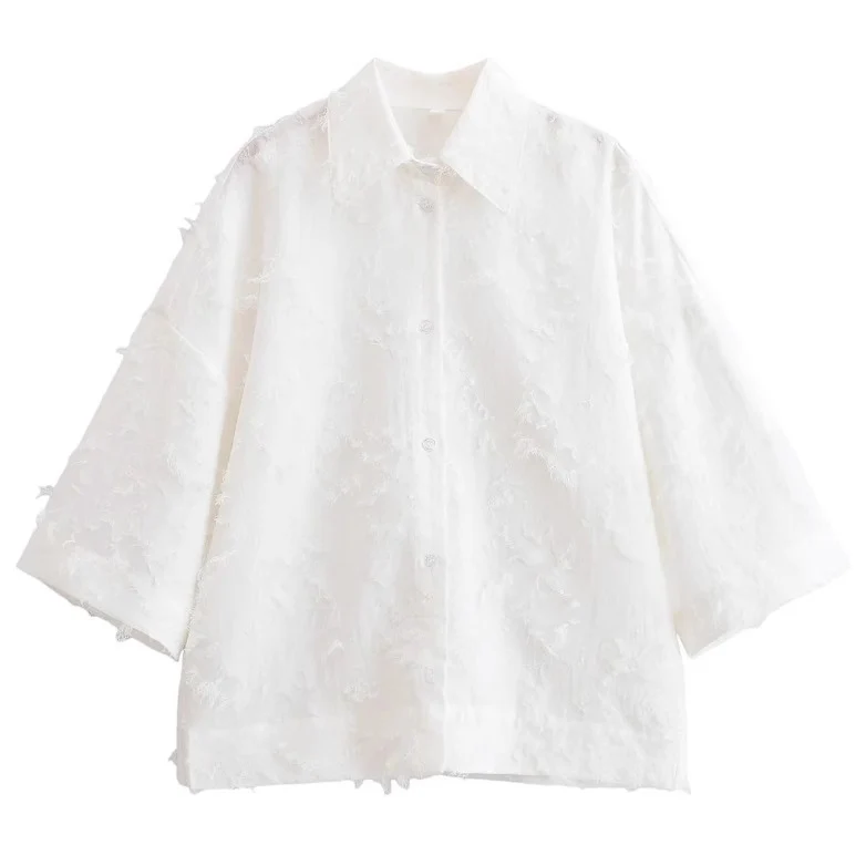 Damen 300+ oversized strukturierte Bluse mit Fransenoptik und dreiviertelärmeln Drune