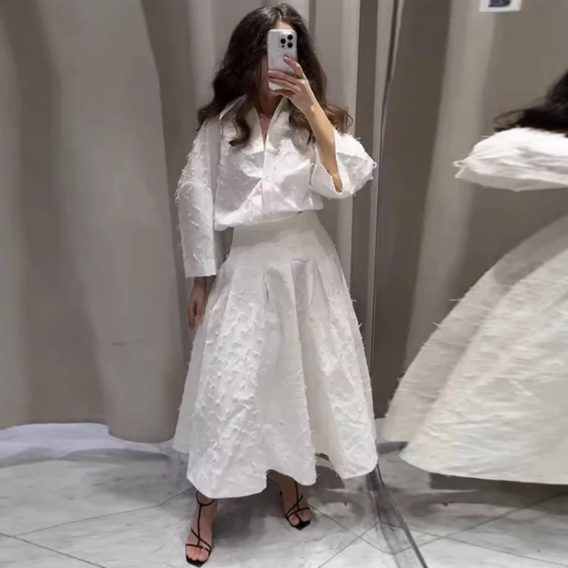 Damen 300+ oversized strukturierte Bluse mit Fransenoptik und dreiviertelärmeln Drune