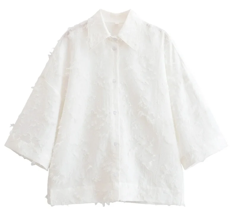 Damen 300+ oversized strukturierte Bluse mit Fransenoptik und dreiviertelärmeln Drune