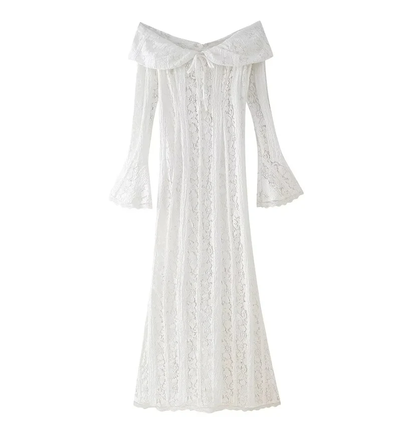 Damen 300+ Maxikleid aus Spitze mit Carmen‑Ausschnitt, ausgestellten Glockenärmeln und figurumspielender Silhouette Drune