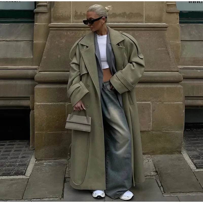 Damen 300+ langer oversized Trenchcoat mit Taillengürtel und Schulterpatten Drune