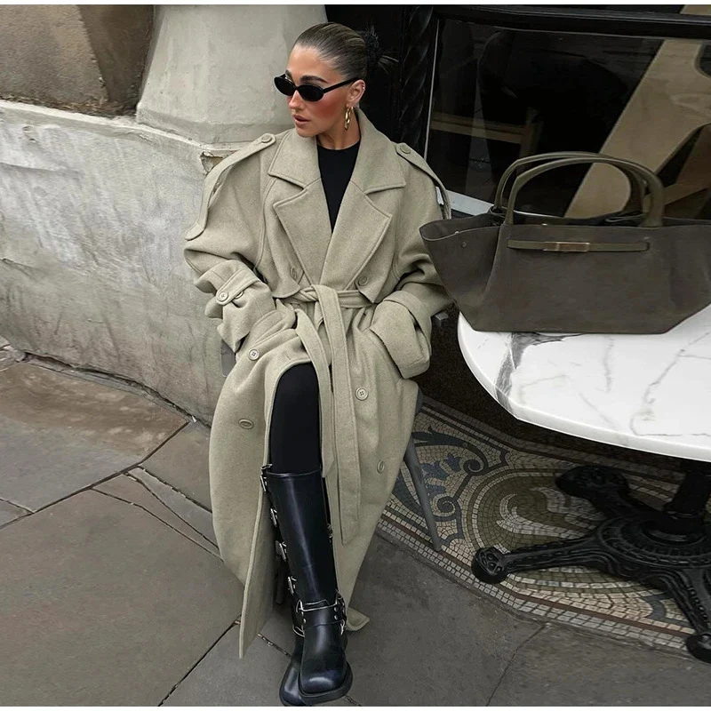 Damen 300+ langer oversized Trenchcoat mit Taillengürtel und Schulterpatten Drune