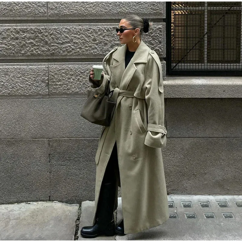 Damen 300+ langer oversized Trenchcoat mit Taillengürtel und Schulterpatten Drune