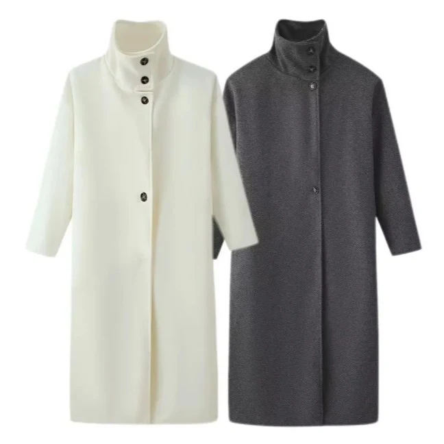 Damen 300+ langer minimalistischer Wollmix‑Mantel mit Stehkragen und verdeckter Knopfleiste Drune