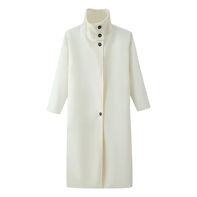 Damen 300+ langer minimalistischer Wollmix‑Mantel mit Stehkragen und verdeckter Knopfleiste Drune