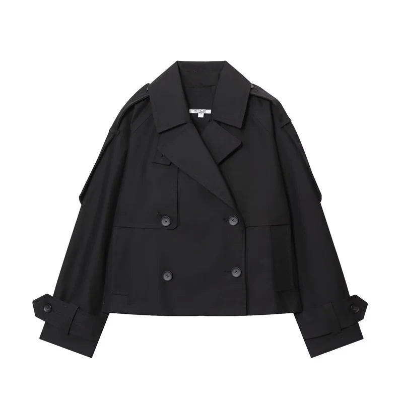 Damen 300+ kurzer doppeltreihiger Cropped‑Trenchcoat mit Epauletten und verstellbaren Manschetten Drune