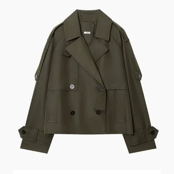 Damen 300+ kurzer doppeltreihiger Cropped‑Trenchcoat mit Epauletten und verstellbaren Manschetten Drune