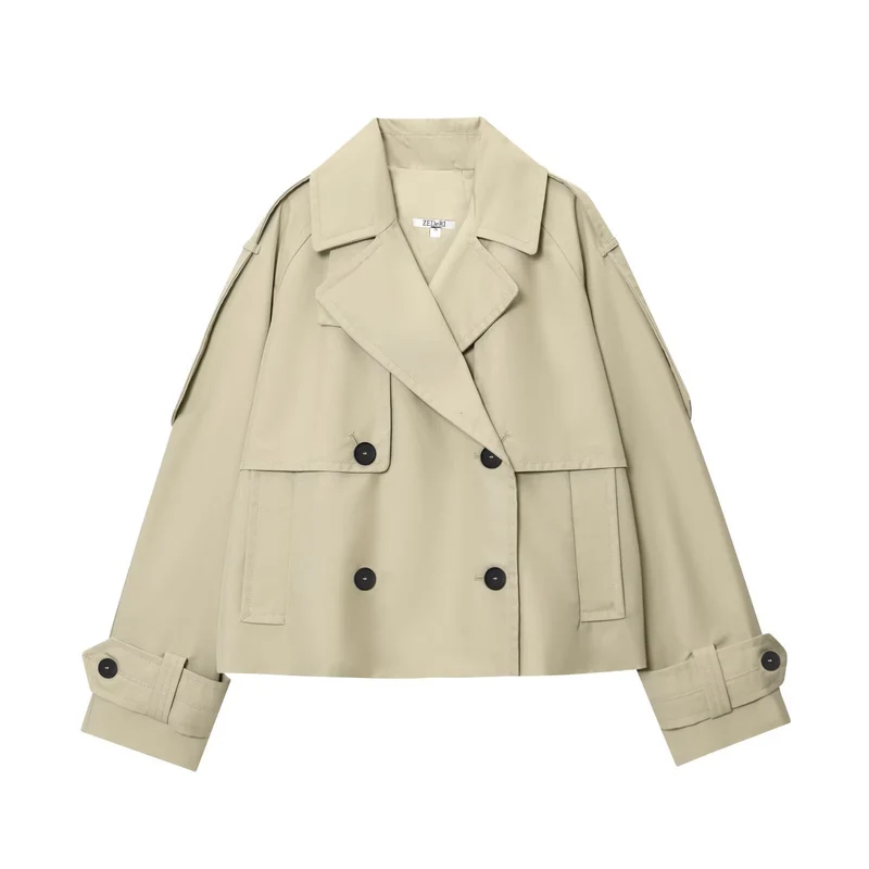 Damen 300+ kurzer doppeltreihiger Cropped‑Trenchcoat mit Epauletten und verstellbaren Manschetten Drune