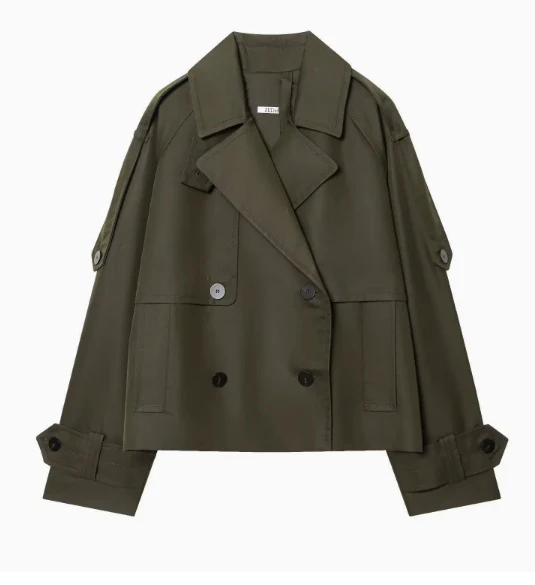 Damen 300+ kurzer doppeltreihiger Cropped‑Trenchcoat mit Epauletten und verstellbaren Manschetten Drune